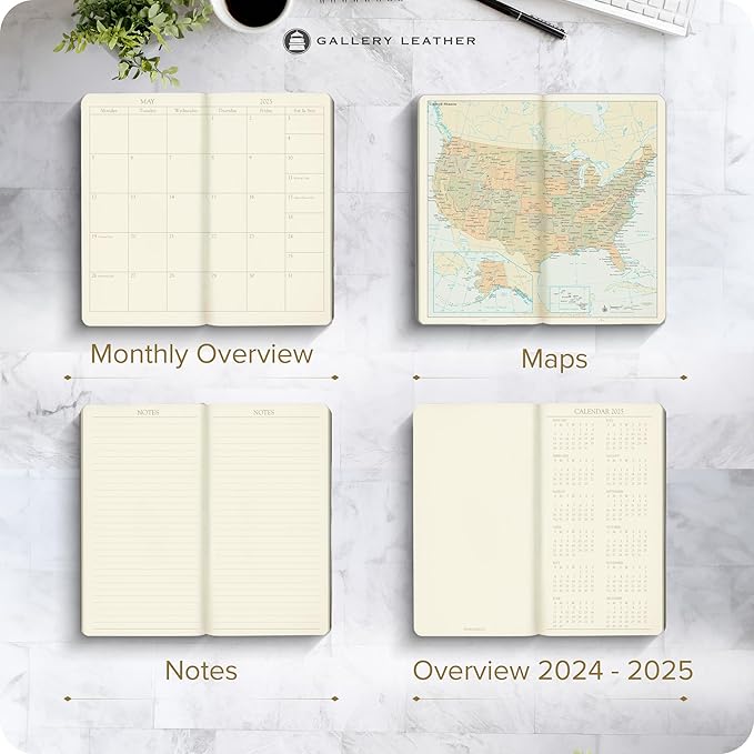 Gallery Leather Pocket Monthly Planner 2025, Elegantly Bound Calendar Planner and Notebook with Stylish Gold-Gilded Page Edges, 18 Months - Acadia Navy - US Space Force - 6 x 3.25 "