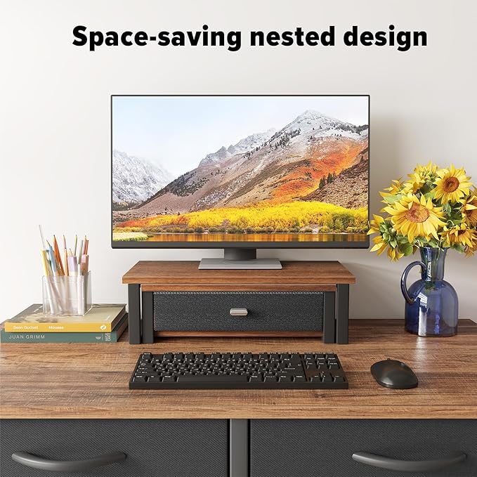 WOHOMO Dual Monitor Stand Riser with Drawers, Desk Organizers for 2 Monitors, Desktop Storage Stand for Computer,Laptop,Walnut