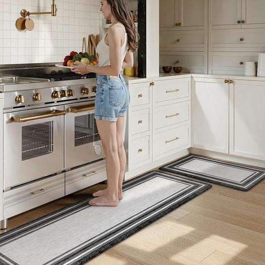 KIMODE Anti Fatigue Kitchen Mats for Floor 20"x59"+20"x32", Farmhouse Kitchen Rugs Sets of 2, Cushioned Non Slip Kitchen Mats for Floor, Comfort Kitchen Floor Mats for Sink Laundry Desk Black