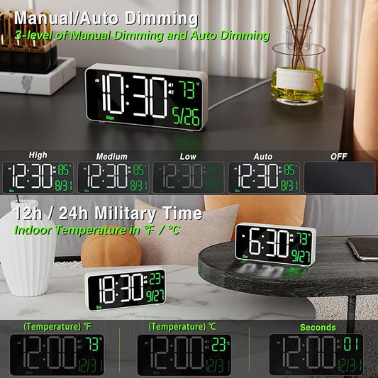 KOSUMOSU Digital Alarm Clock,6.7in Small Digital Clock for Bedroom,Auto Dimming,Date,Week,Seconds or Indoor Temperature,LED Desk Clocks for Living Room, Alarm Clocks for Bedrooms