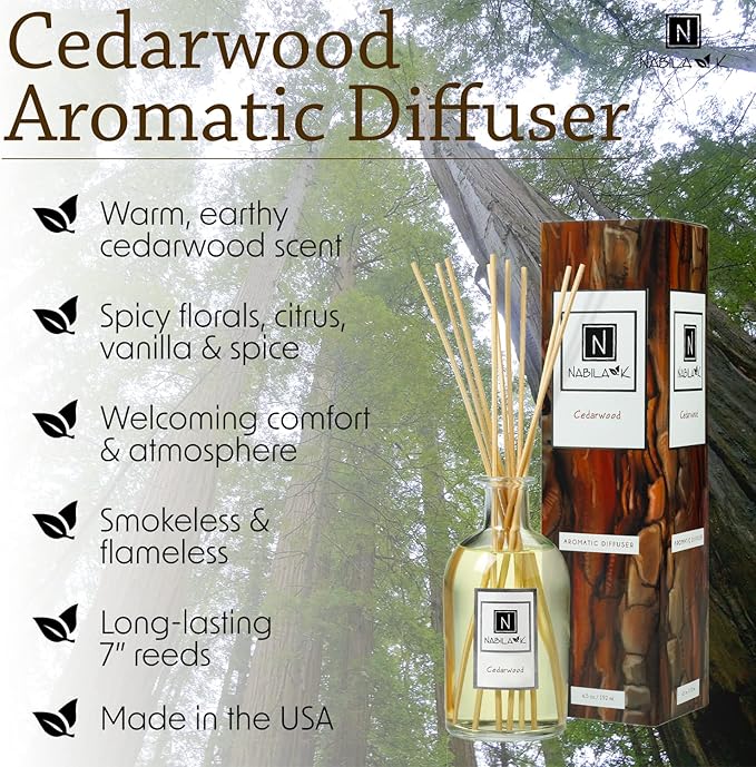 Nabila K Cedarwood Reed Diffuser Set – Warm Woodsy Aromatic Oil for Home – Long-Lasting, Smokeless Scent – Made in USA – Includes Reeds + Bottle – Flameless Candle Alternative