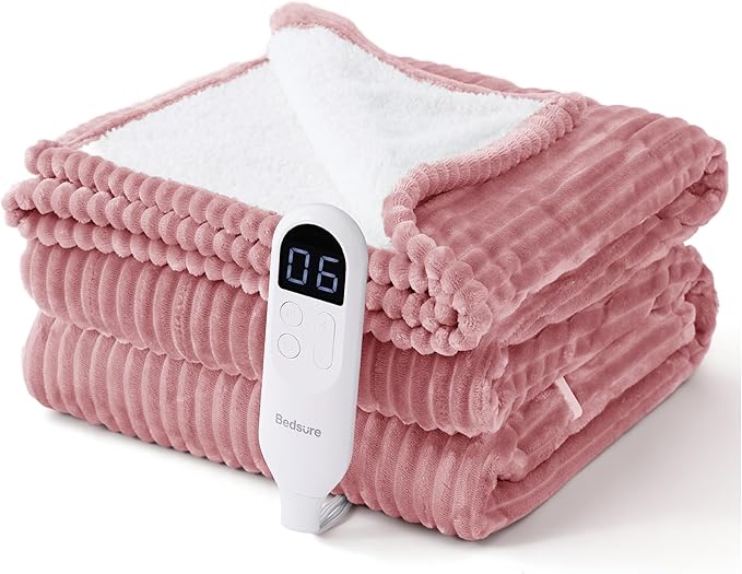 Bedsure GentleSoft Electric Blanket Full Size - Soft Ribbed Flannel Heated Blanket with 6 Heat Settings, Heating with 10 Time Settings, 8 hrs Timer Auto Shut Off (72x84 inches, Bridal Rose)