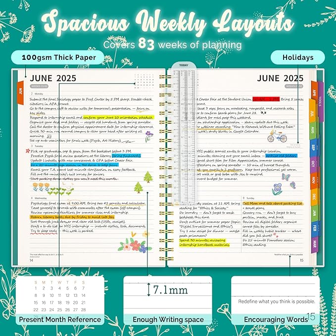 Jun 2025-Dec 2026 Academic Monthly Weekly Daily Planner for School, 19 Months Calendar 25-26 Planning Book with Colorful Tabs, 8.5" x 11" Mid Year College Organizer for Student Teacher (Turquoise)