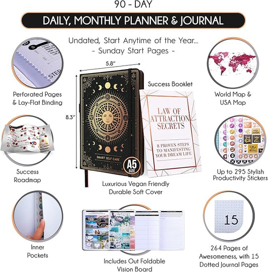 Self Care Journal - 5 Minute Mental Health & Manifestation Journal | 90-Day Undated Daily Planner for Positivity, Affirmations & Gratitude | Guided Mindfulness, Reflection | Vision Board + Stickers