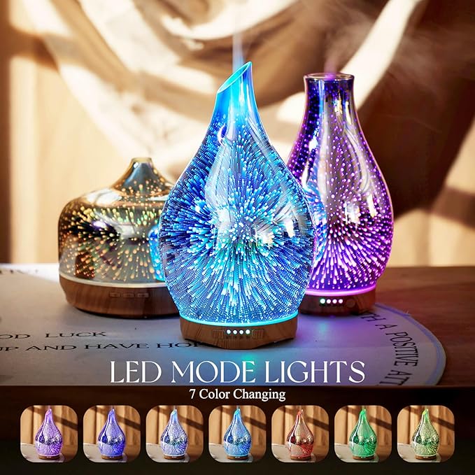 Porseme Essential Oil Diffuser 280ml Aromatherapy Ultrasonic Oil Diffusers 3D Glass Cool Mist Humidifier, Air Refresh Auto Shut-Off, Timer Setting, BPA Free for Home Hotel Yoga Leisure SPA Gift