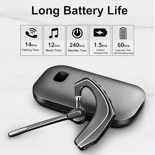 Bluetooth Headset V5.1, Wireless Headset with 500mAh Charging Case, Noise Canceling Mic for Driving and Office. (USB-A Adapter Included)