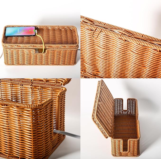 Handmade Cable Management Box, Rattan Cord Organizer Basket with Border Bar Lid, 3 Open Slots Cords Hider Box, Desk Organizer for TV Wires Computer Router USB Hub & Power Strip (Natural)