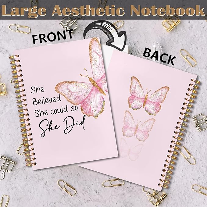 Pink Butterfly Inspirational Spiral Notebook 5.5x8.3, She Believed She Could So She Did Motivational Journal, Inspirational Encouragement Gifts for Women, Pink Office Supplies