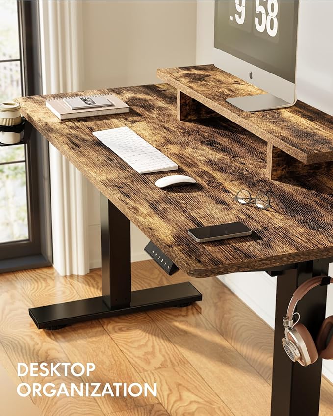 FLEXISPOT Standing Desk with Monitor Stand, 48 x 24 Inches One-Piece Electric Height Adjustable Computer Desk with Cup Holder, Home Office Desks (Black Frame+ Rustic Top)