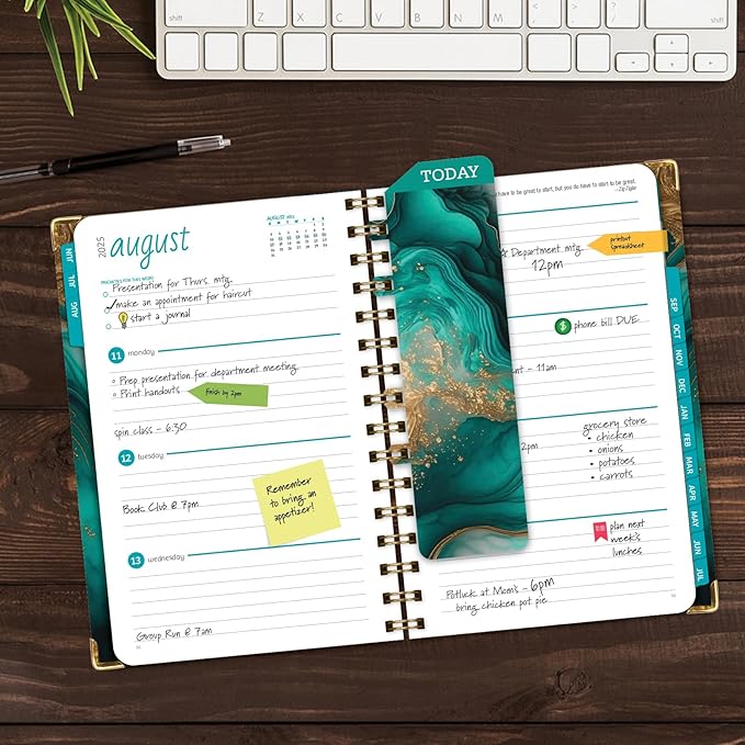 HARDCOVER Academic Year 2025-2026 Planner: (June 2025 Through July 2026) 5.5"x8" Daily Weekly Monthly Planner Yearly Agenda. Bookmark, Pocket Folder and Sticky Note Set (Teal Gold Marble)