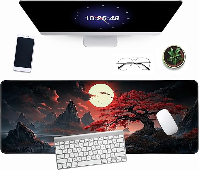 Japanese Desk Mat Red Full Moon Desk Pad Black Riverside Large Mouse Pad Gaming Mousepad Extended Keyboard Pad 31.5 x 11.8 in Laptop Computer Mouse Keyboard Mat for Office Desk Decor