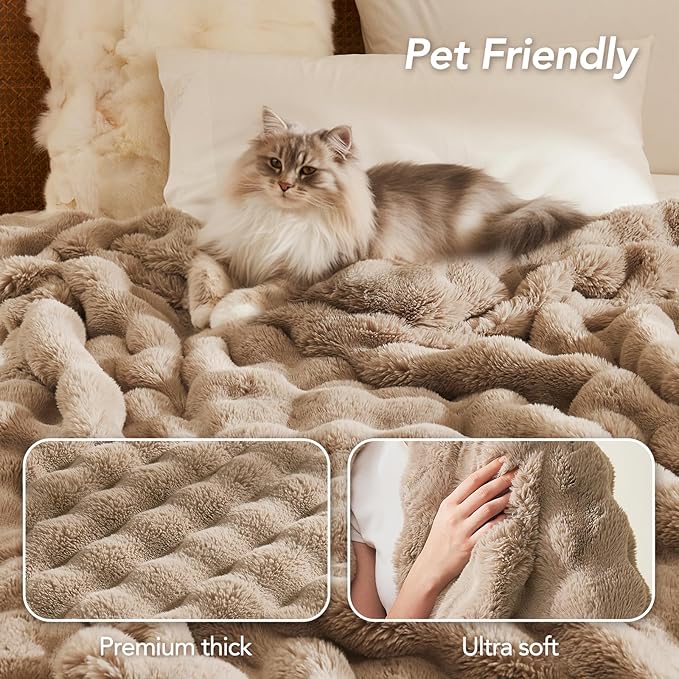 L'AGRATY Faux Fur Throw Blanket: 50" x 60" Luxury Soft Fluffy Rabbit Fur Blankets Twin for Couch Bed Sofa - Cozy Plush Bubble Blankets for Winter: Flannel Fleece Decorative Blanket(Light Linen)