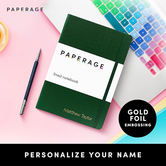 PAPERAGE Personalized Lined Journal Notebook for Writing - Customizable Text in Embossed Metallic Gold Foil, 160 Pages, 100 GSM Thick Paper, Leather Hardcover, 5.7 inches x 8 inches, Dark Green