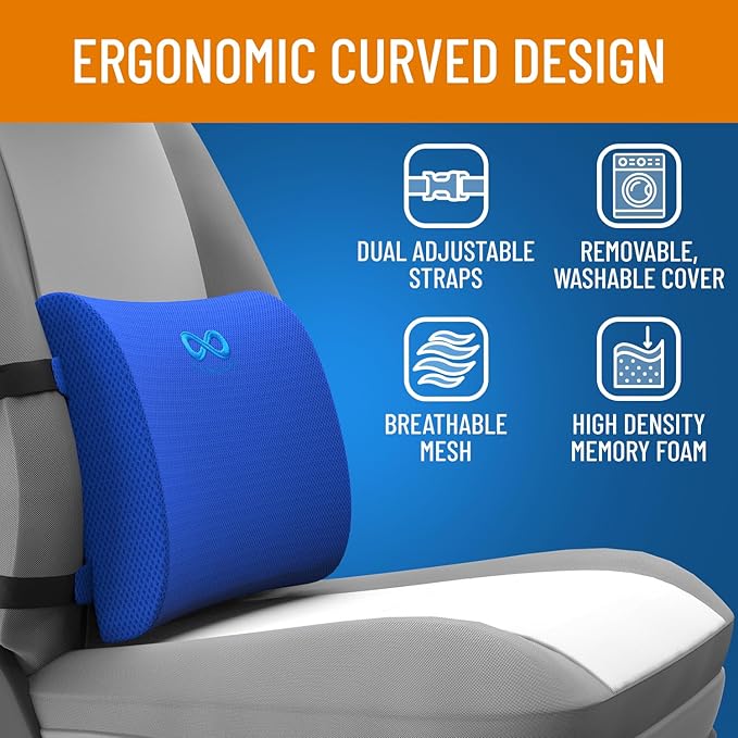 Everlasting Comfort Lumbar Support Cushion for Car Seat - Memory Foam Back Cover for Car - Lumbar Support Promotes Better Posture, Back Pain Relief - Ideal for Driving