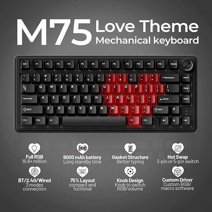 x XVX M75 75% Wireless Gaming Mechanical Keyboard, BT5.0/2.4GHz/USB-C,Hot Swappable Creamy Pre-lubed Switches, Gasket Structure,RGB Backlit Black Keyboard w/Knob for PC/Laptop/Xbox/PS4/PS5,LUMINA CORE