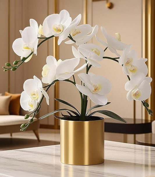LESING Potted Artificial Orchid Flowers,Real Touch White Fake Artificial Orchid Flower in Gold Vase Arrangement for Table Living Room Decoration (White,Gold Vase)