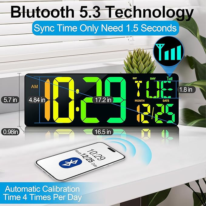 CYMHCHL Large Digital Wall Clock 17.2" Bluetooth Auto Time Sync Led Digital Clock Large Display 11 RGB Colors Auto-Dimming/DST Big Timer with Remote Control for Living Room Classroom Decor Garage Gym