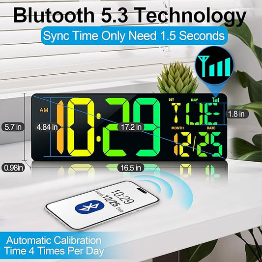 CYMHCHL Large Digital Wall Clock 17.2" Bluetooth Auto Time Sync Led Digital Clock Large Display 11 RGB Colors Auto-Dimming/DST Big Timer with Remote Control for Living Room Classroom Decor Garage Gym