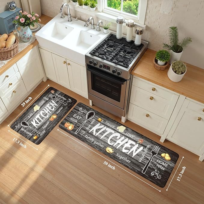 KIMODE Anti Fatigue Kitchen Mat 2PCS,Non Slip Waterproof Kitchen Rugs,Farmhouse Grey Kitchen Mat for Floor,Cushioned Comfort Foam Standing Mat for Home,Laundry,Sink,Desk