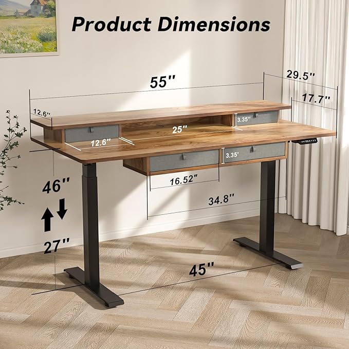 Adjustable Height Standing Desk with 4 Drawers,55 x 30 inches Electric Sit Stand Home Office Desk with Two Tiers, 3 Memory Presets, Monitor Stand Riser, USB A/C Charging Port