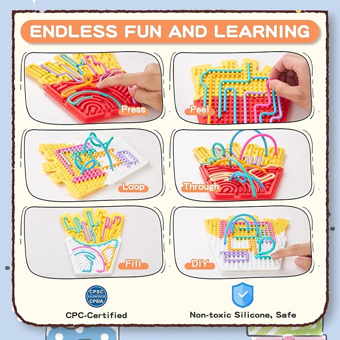 2 Pack Sensory Activity Board with 24 Random-Color Strings, Double-Sided Silicone Sensory Fidget Toy for Kids and Adults with Autism, ADHD, Silent, Stress Relief, Calming, Focus, Gift for Girls Boys