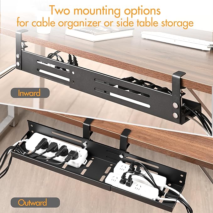 Retractable Under Desk Cable Management Tray No Drill, 17"-30" Long Cable Tray with Clamp Mount, Metal Cord Organizer, Support 50 lbs+, Wire Management Basket for Home Office, Black