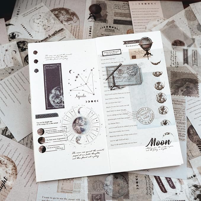 Dizdkizd Celestial Themed Washi Stickers for Journaling, Vintage Ephemera Sticker Book with 180pcs Planet Stickers and 20 Astronomy Scrapbook Papers for Junk Journals Paper Crafting