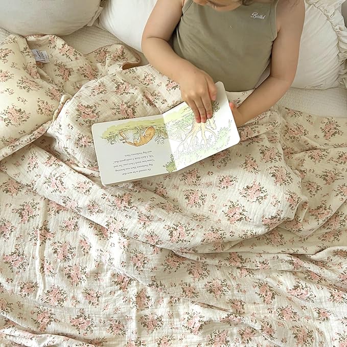 BuLuTu Muslin Baby Blankets for Toddlers Girls Boys, Soft Lightweight Large Crib Blanket 100% Cotton Muslin Baby Quilt for Toddler Bed/Crib/Cot, Floral Print, 47"x51"