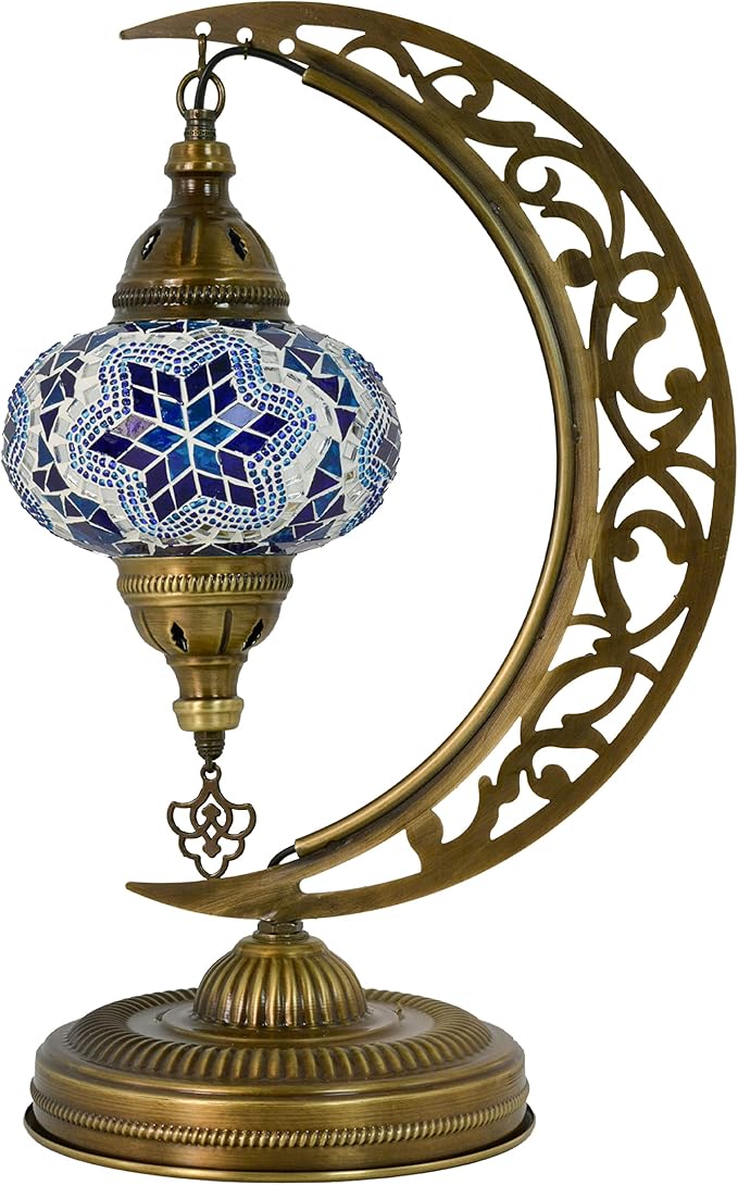 mozaist Moroccan Mosaic Crescent Shape Table Lamp, Turkish Moon Tiffany Style Handmade Desk Dim Light, Farmhouse Living Room Luna Lighting, Unique Turkish Gift with E12 Socket & US Plug (Sea Blue)