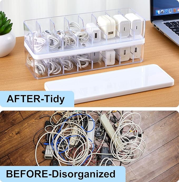 Tatuo 1 Pcs Cable Organizer Box with Wire Ties, Plastic Cord Storage Box with Lid, Electronics Organizer for Home Office Desk Organizers and Accessories (10.79'' X 3.78'' X 1.97'',Clear,White)