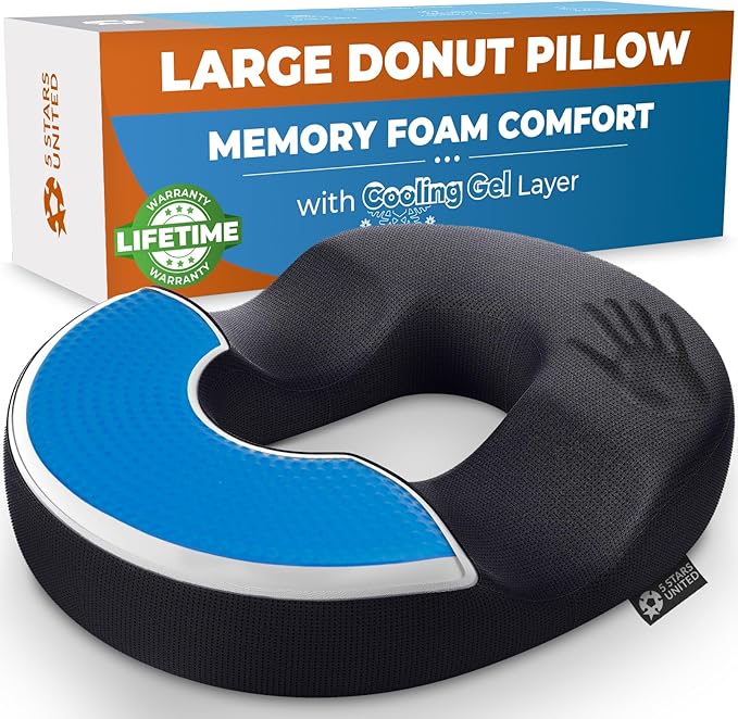 5 STARS UNITED Donut Pillow Hemorrhoid Tailbone Cushion – Large Chair Pad for Pain Relief – Coccyx, Prostate, Sciatica, Pelvic Floor, Pressure Sores, Pregnancy, Postpartum Recovery, Arctic Black