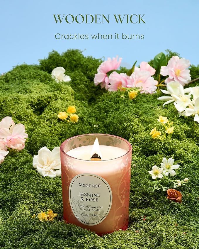 M&SENSE Jasmine Rose Candle, Wooden Wick Heavy Scented Candle, 100 Hours Long Burning No Toxin Natural Soy Wax 18oz, Stress Relief Romance Relax Home Fragrance,Housewarming Gifts for Her Him