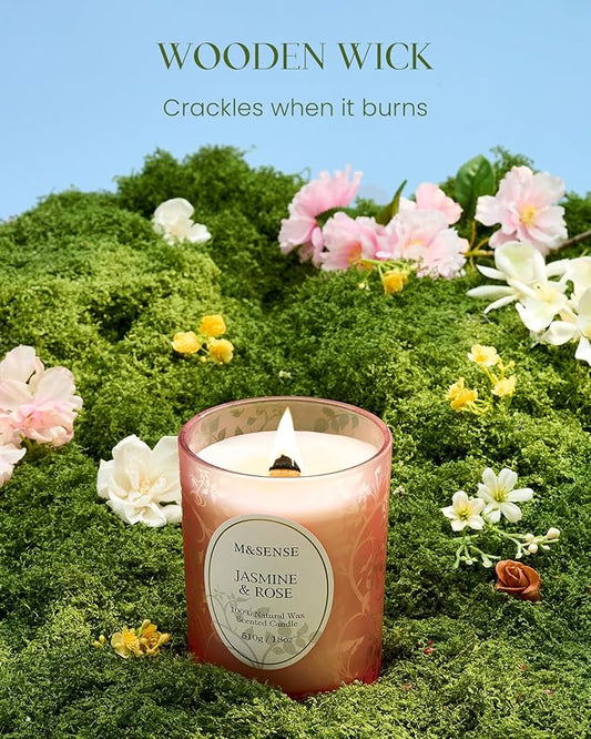 M&SENSE Jasmine Rose Candle, Wooden Wick Heavy Scented Candle, 100 Hours Long Burning No Toxin Natural Soy Wax 18oz, Stress Relief Romance Relax Home Fragrance,Housewarming Gifts for Her Him