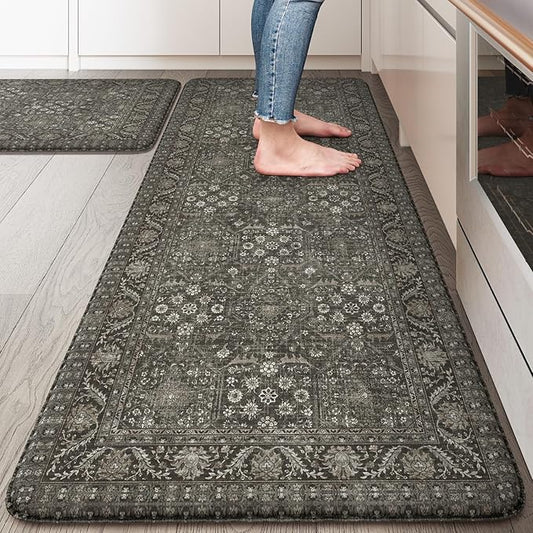 KIMODE Anti Fatigue Kitchen Mats 20"x47"+20"x32", Boho Vintage Kitchen Rugs Sets of 2, Non Slip Waterproof Kitchen Floor Mats, Memory Foam Kitchen Mat for Sink, Laundry, Desk Green/Grey