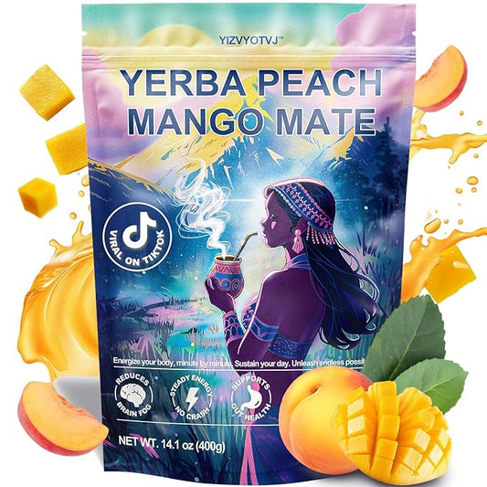 40 Servings (400g) Yerba Mate Instant Tea Powder, 3-in-1 Peach Mango Flavored Low Sugar Super Drink to Support Energy & Focus with Prebiotics and Probiotics