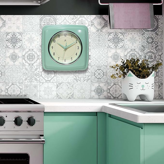 Infinity Instruments Square Retro Wall Clock, Pastel Green, 9.25"