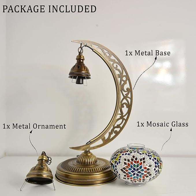 mozaist Turkish Mosaic Crescent Shape Table Lamp, Moroccan Moon Boho Handmade Desk Light, Farmhouse Rustic Living Room Decorative Lighting, Bedside Nightstand with E12 Socket & US Plug (Multicolor)