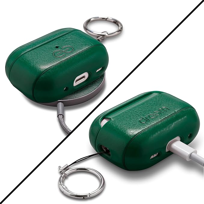 Dreem Om Case Cover with Keychain Clip Compatible with AirPods Pro 2/Pro, Protective One-Piece Hard Shell, Luxury Vegan Leather AirPod Pro Case 2nd/1st Generation with Separate Clip [Green]