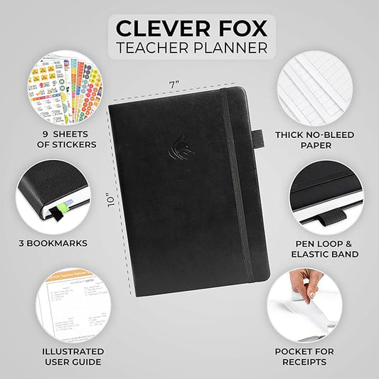 Clever Fox Teacher Planner – School Year Planner with Calendars & Lesson Plans – Teacher Plan Book for Classroom & Homeschool Organization - Undated, 7x10″, Hardcover (Black)