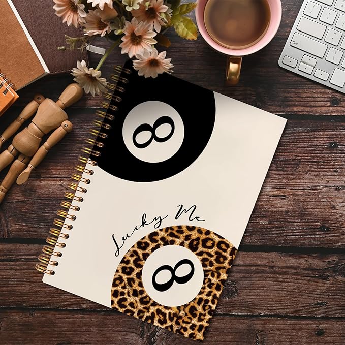 Trendy Leopard and Black Lucky 8 Ball Notebook, Funky Leopard Print Journaling Notebook, Vintage Modern Billiards Journal, Aesthetic Cheetah Print Balls Spiral Notebooks 5.5x8.3 Inch