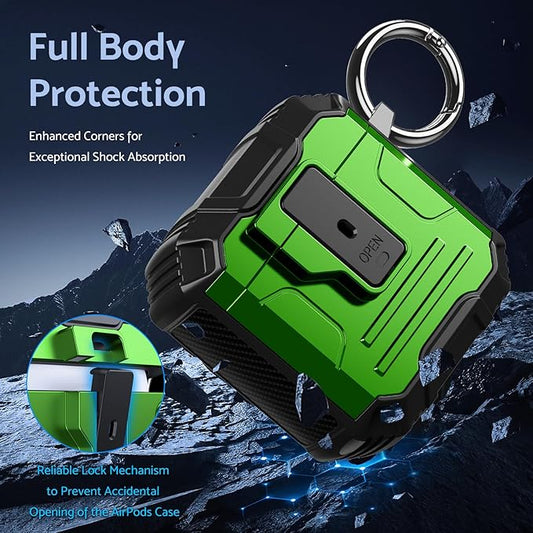 DASFOND Armor Cover AirPods 2nd & 1st Generation Case, Military Grade Full Body Shockproof Protection Hard Case, Support Wireless Charging with Keychain, Magnetic Lid, Front LED Visible, Green