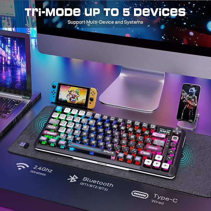 Redragon Wireless Mechanical Gaming Keyboard - Gasket-Mounted RGB Backlit, Custom Keys, 3-Mode(Bluetooth/2.4G/USB), Hot-Swap Pre-Lubed Switches, Screen & Control Knob - Cyber Mecha Style, Plasma Arc