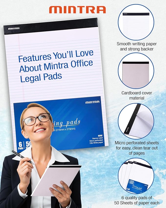 Mintra Office Legal Pads - ((BASIC WHITE 6pk, 8.5in x 11in, NARROW RULED))