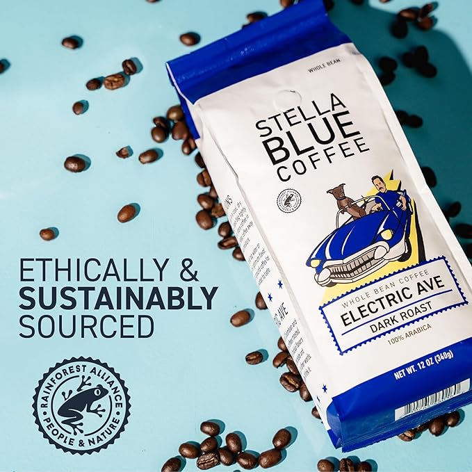 Stella Blue Whole Bean Coffee, Electric Avenue Blend, Dark Roast, Toffee, Dark Chocolate & Subtle Smokey Notes, 100% Arabica, Ethically Sourced from Central and South America, 12 oz bag