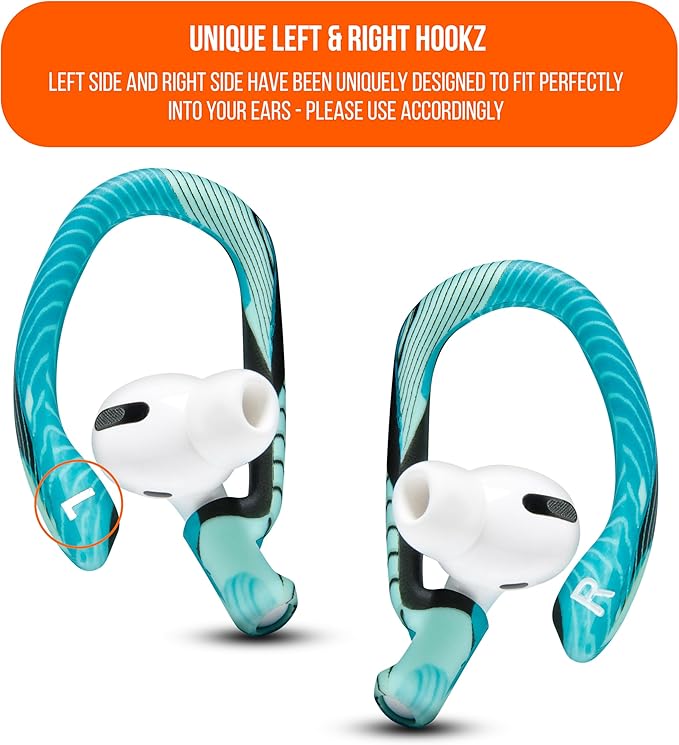 WC HookZ - Patented Upgraded Over Ear Hooks for AirPods Pro 1, 2 & AirPods 1, 2 & 3- Two Size Pairs Included in Package, Unique Left & Right Hook, Made by Wicked Cushions | Cyan Prism