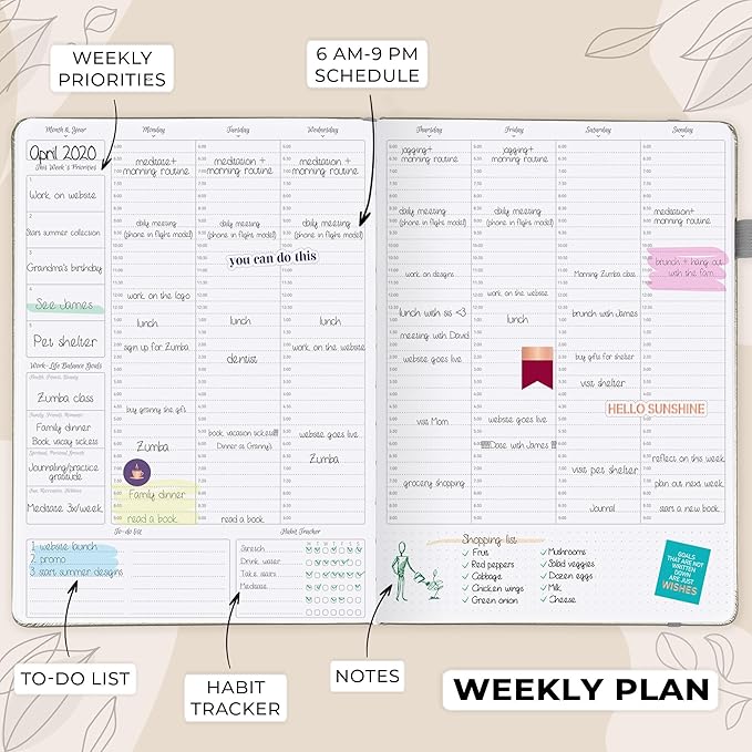 GoGirl Planner PRO Schedule - Undated Planner with Hourly Time Slots, Monthly, Weekly & Daily Organizer, Appointment Book for time Management, 7"x10" Hardcover, Lasts 1 Year - Foggy Alps