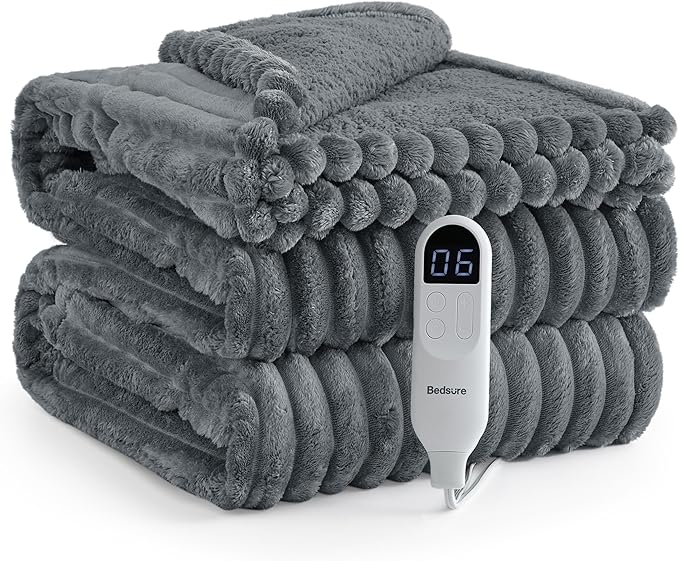 Bedsure Electric Blanket Full Size - Thick Striped Flannel Heated Blanket with 6 Heat Settings, Heating with 10 Time Settings, 8-Hour Timer Auto Shut Off, Gift for Grandma (72x84 inches, Grey)