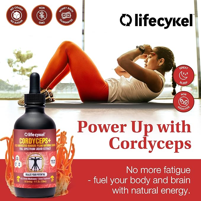 Lifecykel Cordyceps Mushroom Extract with Kakadu Plum - Energy, Stamina & Vitality Support, Natural Aging Supplement - Non-GMO and Vegan Tincture - 4Fl Oz