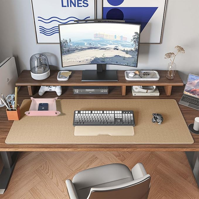 DAWNTREES Pink Desk Mat,Leather Desk Pad,40"x16",Cork Desk Mat Protector,with PU Leather Valet Tray Organizer,Large Mouse Pad,Desk Writing Pad for Office and Home