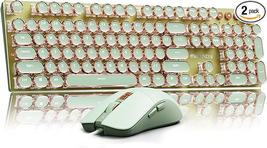 EWEADN Wired Typewriterkeyboard and Mouse Combo, Typewriter Style Mechanical Gaming Keyboard,104 Keys Backlit LED Keyboards, Media Control Knob, Wired Keyboard Pink Switch for Windows/Mac/PC-Green